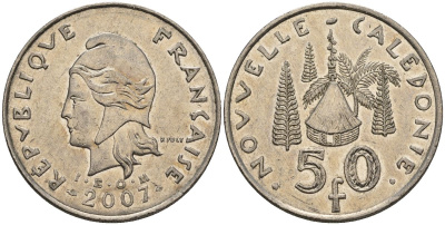 Французская Новая Каледония 50 франков 2007 хижина среди сосен и пальм, (IEOM) KM 13a, Schoen 15a, Lec 128i медно-никель 4111-112