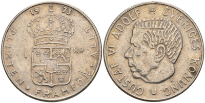 Швеция 1 крона 1973 U, Густав VI Адольф (1950-1973) KM 826a медь плакированный медно-никелем 4150-342