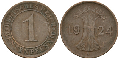 Германия 1 рентенпфенниг 1924 A KM 30, J. 306 бронза 4608-313