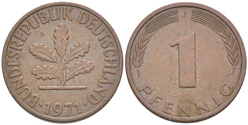 ФРГ 1 ПФЕННИГ 1971 J KM 105, J. 380 сталь плакированная медью 4181-561