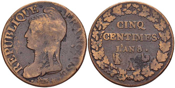 ФРАНЦИЯ 5 САНТИМОВ 1799 А, КОНСУЛАТ (1799-1803) LAN 8 KM 640.1 (C 135.1), LE FRANC 115.40 бронза 117-852