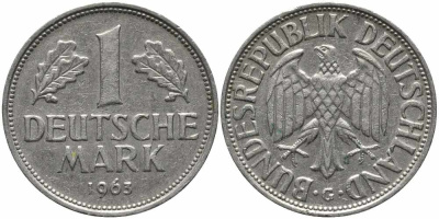 ФРГ 1 МАРКА 1963 G KM 110, J. 385 медно-никель 113-213