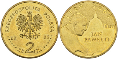 Польша 2 злотых 2005 MW, папа Иоанн Павел II (1920-2005) KM 525, Parchimowicz 953 латунь 4538-314