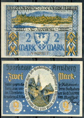 Германия, Арнсберг 2 марки 1921 нотгельд, 15.7.1922 Li. 41a, M. 42.1  бумага  UNC (пресс) 000-00-00