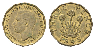 Великобритания 3 пенса 1945 Георг VI (1936-1952) KM 849, Spink 4112 никель латунь    4660-712