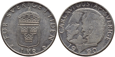 Швеция 1 крона 1990 Карл XVI Густав (1973- ) KM 852a медно-никель 4398-1246