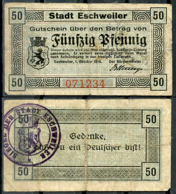 Германия, Эшвайлер 50 пфеннигов 1918 нотгельд, 1.10.1918 бумага 8614-44-3-1