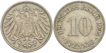 ГЕРМАНИЯ 10 ПФЕННИГОВ 1904 D KM 12, J. 13 медно-никель 34-223