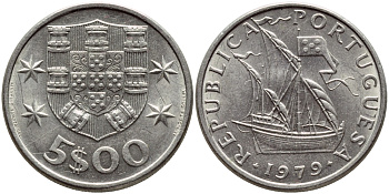ПОРТУГАЛИЯ 5 ЭСКУДО 1979 ПАРУСНИК KM 591 медно-никель 4395-913