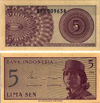 Индонезия 5 сенов 1964 девушка волонтер Pick 91 a  бумага аUNC 7548-99-3-1