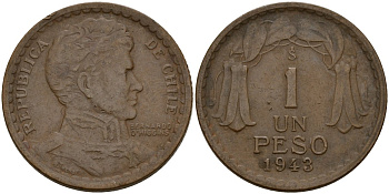 Чили 1 песо 1943 KM 179 медь 4159-957