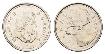 Канада 25 центов 2005 Leaf, Елизавета II (1952-2022), олень KM 493 сталь плакированная никелем UNC 4678-1137