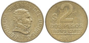 Уругвай 2 песо 2007 KM 104.2 алюминиевая бронза 4606-451