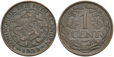 Нидерланды 1 цент 1939 Вильгельмина (1890-1948) KM 152 бронза 4576-1144