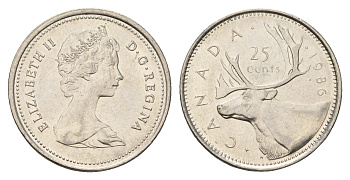 Канада 25 центов 1986 Елизавета II (1952-2022), олень KM 74 никель 4688-524