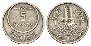 Тунис 5 франков 1954 KM 277 медно-никель 4392-251