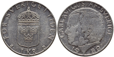 Швеция 1 крона 1989 Карл XVI Густав (1973- ) KM 852a медно-никель 4397-1235