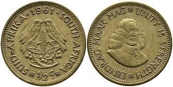 ЮАР 1/2 ЦЕНТА 1961 ЯН ВАН РИБЕК (1619-1677), ГОЛЛАНДСКИЙ ИССЛЕДОВАТЕЛЬ, ДВЕ ПТИЧКИ KM 56 латунь 3336-1251