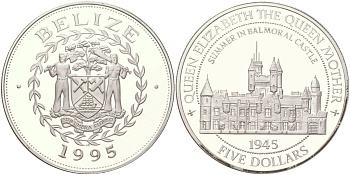 Белиз 5 долларов 1995 96 лет со дня рождения Королевы-матери, замок Балморал KM 126 серебро PROOF 01-235-41