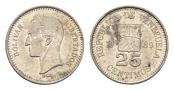 Венесуэла 25 сентимо 1989 Симон Боливар Y 50a сталь плакированная никелем 4643-827