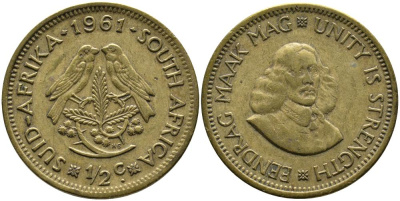 ЮАР 1/2 ЦЕНТА 1961 ЯН ВАН РИБЕК (1619-1677), ГОЛЛАНДСКИЙ ИССЛЕДОВАТЕЛЬ, ДВЕ ПТИЧКИ KM 56 латунь 3336-1251