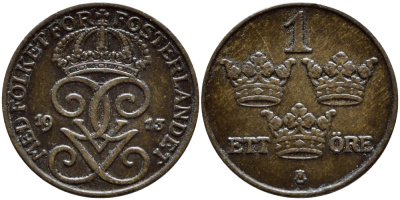 Швеция 1 эре 1913 Густав V (1907-1950) KM 777.2 бронза 4396-211