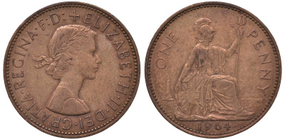 Великобритания 1 пенни 1964 Елизавета II (1952-2022) KM 897, Spink 4157 бронза 4131-512