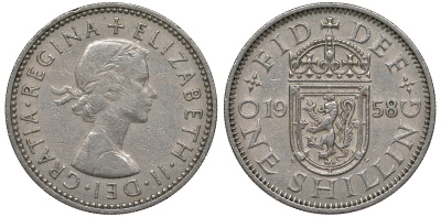 Великобритания 1 шиллинг 1958 Елизавета II (1952-2022), Шотландский герб KM 905, Spink 4148 медно-никель 4122-1021