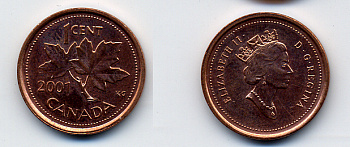 Канада 1 цент 2001 Елизавета II (1952-2022), кленовый лист KM 289 сталь плакированная медью 54-168