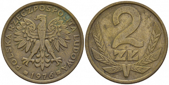 Польша 2 злотых 1976 Ленинградский монетный двор (ЛМД) KM 80.1, Parchimowicz 217b латунь 4548-512