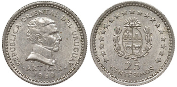 Уругвай 25 сентесимо 1960 KM 40 медно-никель 4576-1013