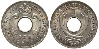 Британская Восточная Африка и Уганда 1 цент 1909 Эдуард VII (1902-1910) KM 5a медно-никель UNC 92-1155