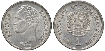 Венесуэла 1 боливар 1989 тонкий шрифт Y 52a.2 сталь плакированная никелем 4606-533