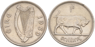 Ирландия 1 шиллинг 1959 бык KM 14а медно-никель 4561-1114