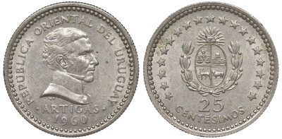Уругвай 25 сентесимо 1960 KM 40 медно-никель 4576-1013
