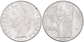 ИТАЛИЯ 100 ЛИР 1967 R, АФИНА, ДИАМЕТР 28 ММ. KM 96.1 нержавеющая сталь 4512-1126
