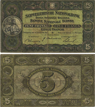 Швейцария 5 франков 1939 17 мая 1939, серия 21 F Pick 11 i бумага 8606-9-3-2