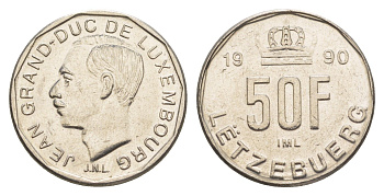 Люксембург 50 франков 1990 Герцог Жан (1964-1999) KM 66 никель UNC 4641-1125