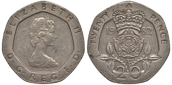 Великобритания 20 пенсов 1982 Елизавета II (1952-2022) KM 931, Spink 4230 (G1) медно-никель 4128-732