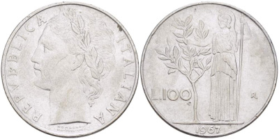 ИТАЛИЯ 100 ЛИР 1967 R, АФИНА, ДИАМЕТР 28 ММ. KM 96.1 нержавеющая сталь 4512-1126