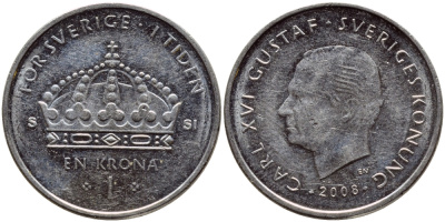 Швеция 1 крона 2008 Карл XVI Густав (1973- ) KM 894 медно-никель 259-211