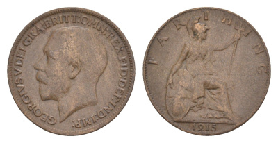 Великобритания 1 фартинг 1915 Георг V (1910-1936) KM 808.1, Spink 4059 бронза 4658-941