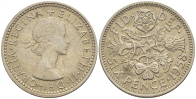 Великобритания 6 пенсов 1958 Елизавета II (1952-2022) KM 903, Spink 4149 медно-никель 4528-1049