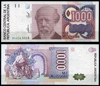 Аргентина 1000 аустралей 1985 серия B 99056, Президент Аргентины Хулио Рока Pick 329 b бумага UNC (пресс)   447-2-2