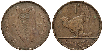 Ирландия 1 пенни 1933 курица с цыплятами KM 3 бронза 441-245