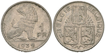 Бельгия 1 франк 1939 Belgie - Belgique KM 120 никель 4618-728