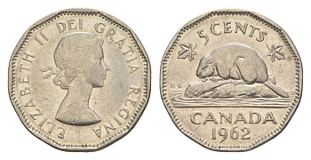 Канада 5 центов 1962 Елизавета II (1952-2022), бобр KM 50a никель 4630-668