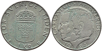 Швеция 1 крона 1984 Карл XVI Густав (1973- ) KM 852a медно-никель 4397-1146
