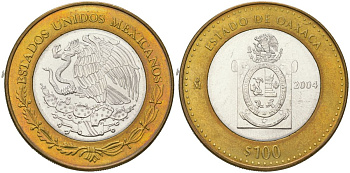 Мексика 100 песо 2004 180 лет Федерации - Оахака KM 740 биметалл, серебро BU 00-1067-9-24