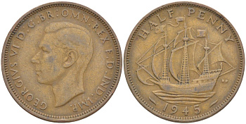 Великобритания 1/2 пенни 1945 Георг VI (1936-1952) KM 844, Spink 4115 бронза    4603-1031